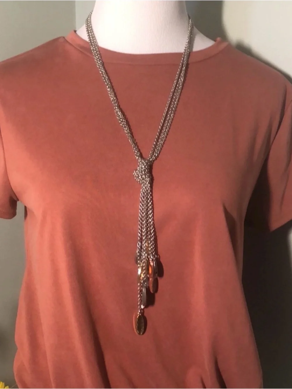 Long Multi Strand Silver Lariat Necklace Mixed Metal Disc Dangle Statement